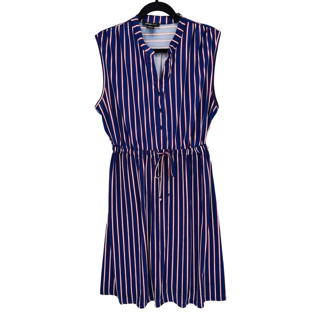 Robert Louis XL Blue Striped Sleeveless Button Up Cinch Waist Dress